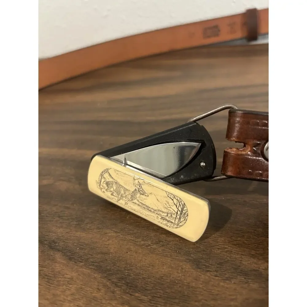 Gerber Touché Whitetail Buck Scrimshaw Inlay Knife Belt Buckle USA 80s‎